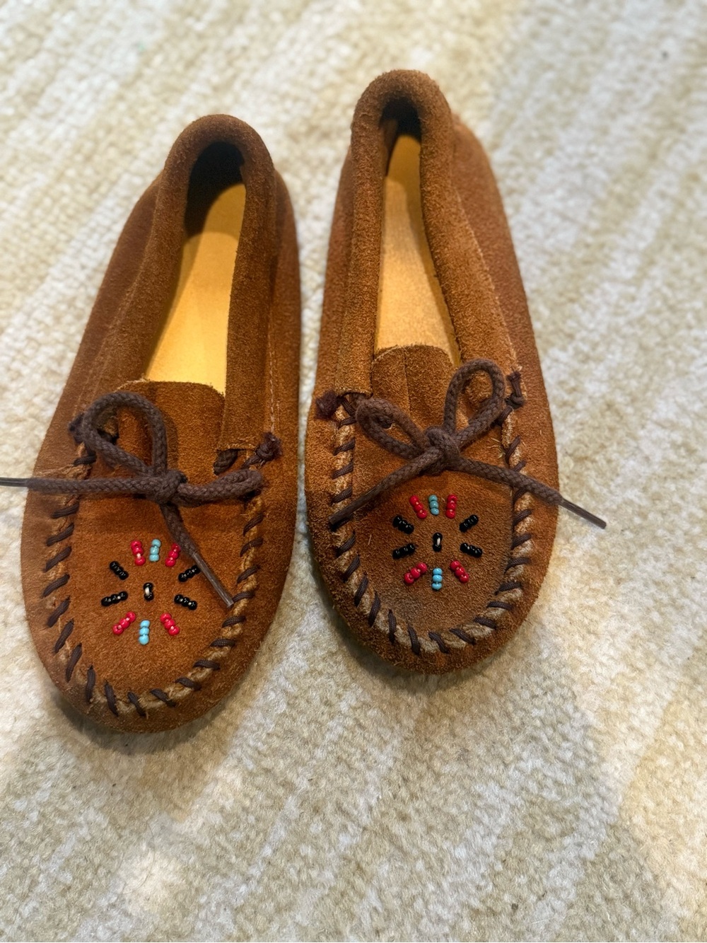Brown Suede Beaded Moccasin Flats